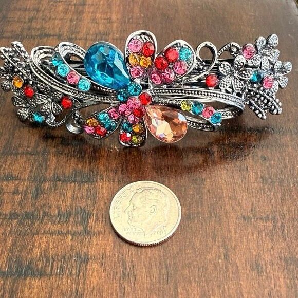 Jeweled Flower Barrette – Colorful Crystal Floral Design - Picture 7 of 9